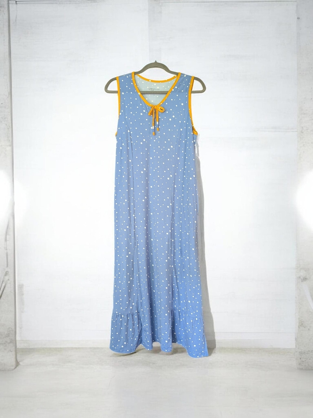 Cuddl Duds Medium Blue Polka Dot Nightgown with Yellow Trim NWOT